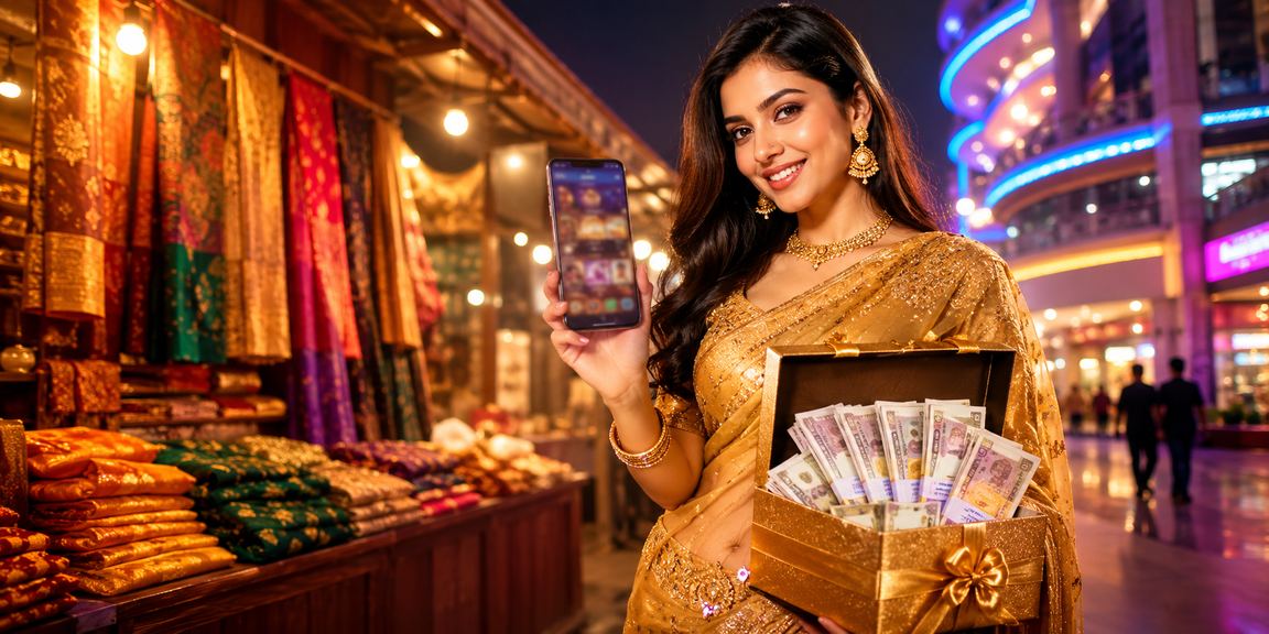রাজশাহীতে শাড়ি পরা একজন নারী মোবাইলে t300 ভিআইপি বোনাস অফার দেখছেন